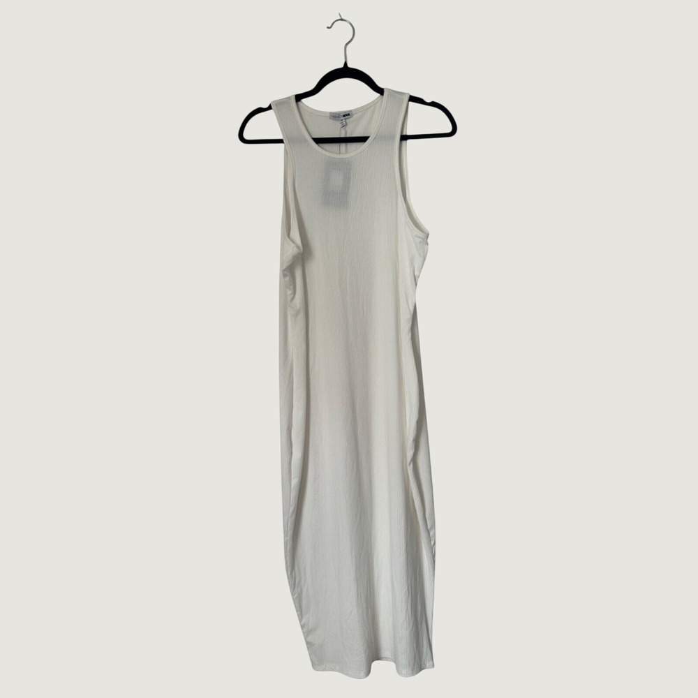 Fashion Nova Jenna Ribbed Midi Dress SZ 2X White Sleeveless Back Slit High Neck